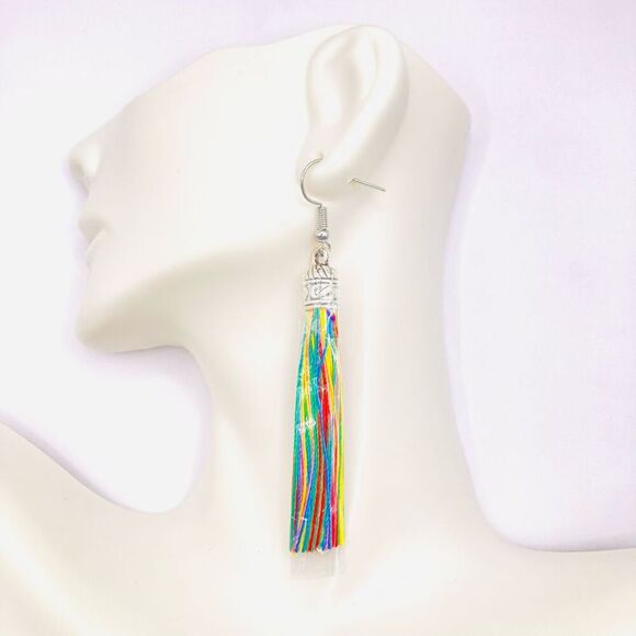 Multicolor Colorful tassel dangle earrings - Picture 3 of 4